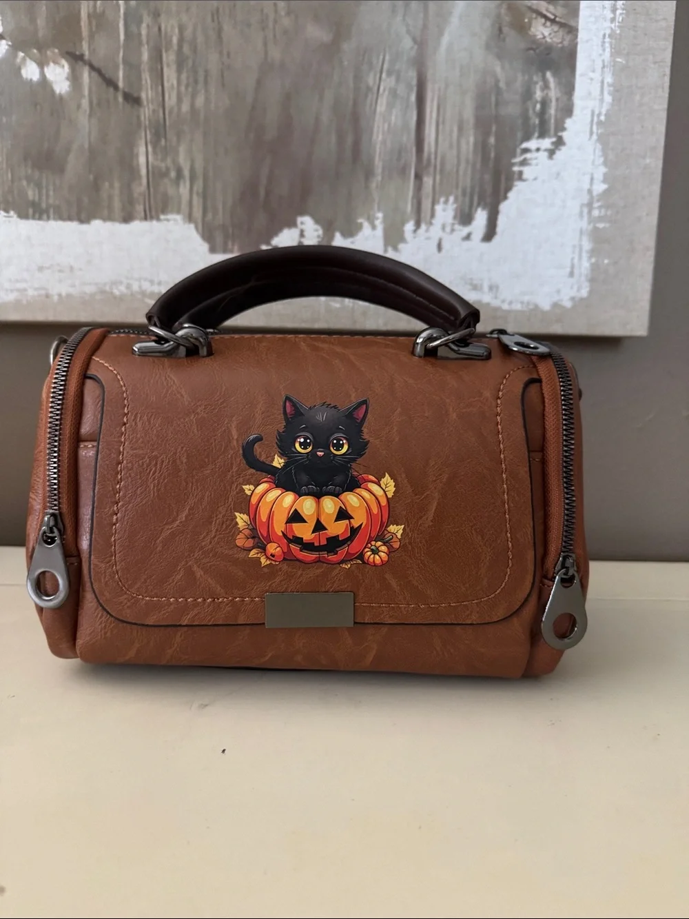 Brown Halloween Cat Pumpkin Satchel Bag